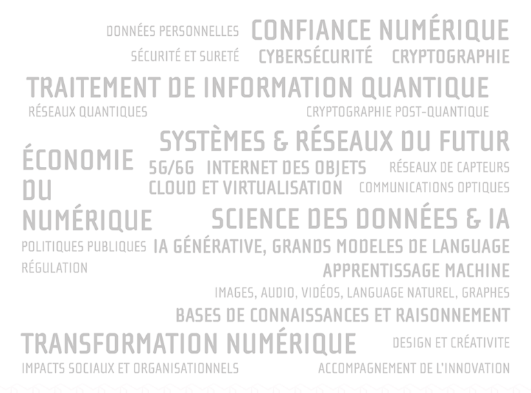 Nuage de mots recherche/valo : confiance numérique, traitement info quantique, système réseaux futur, économie numérique, science données IA, transformation numérique...